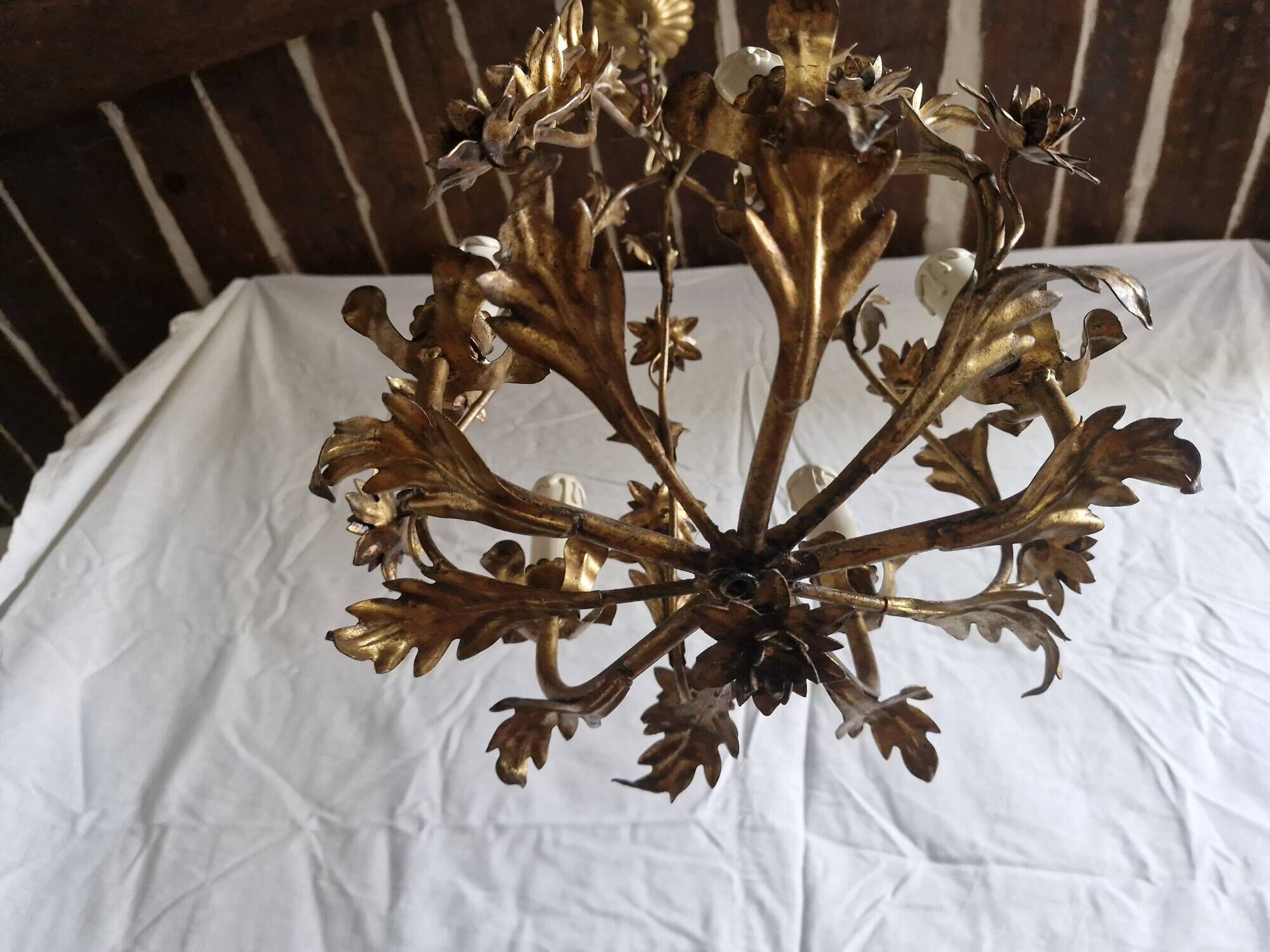 Rare suspension / antique chandelier with 5 lights - Flowers & Foliage in gilded metal