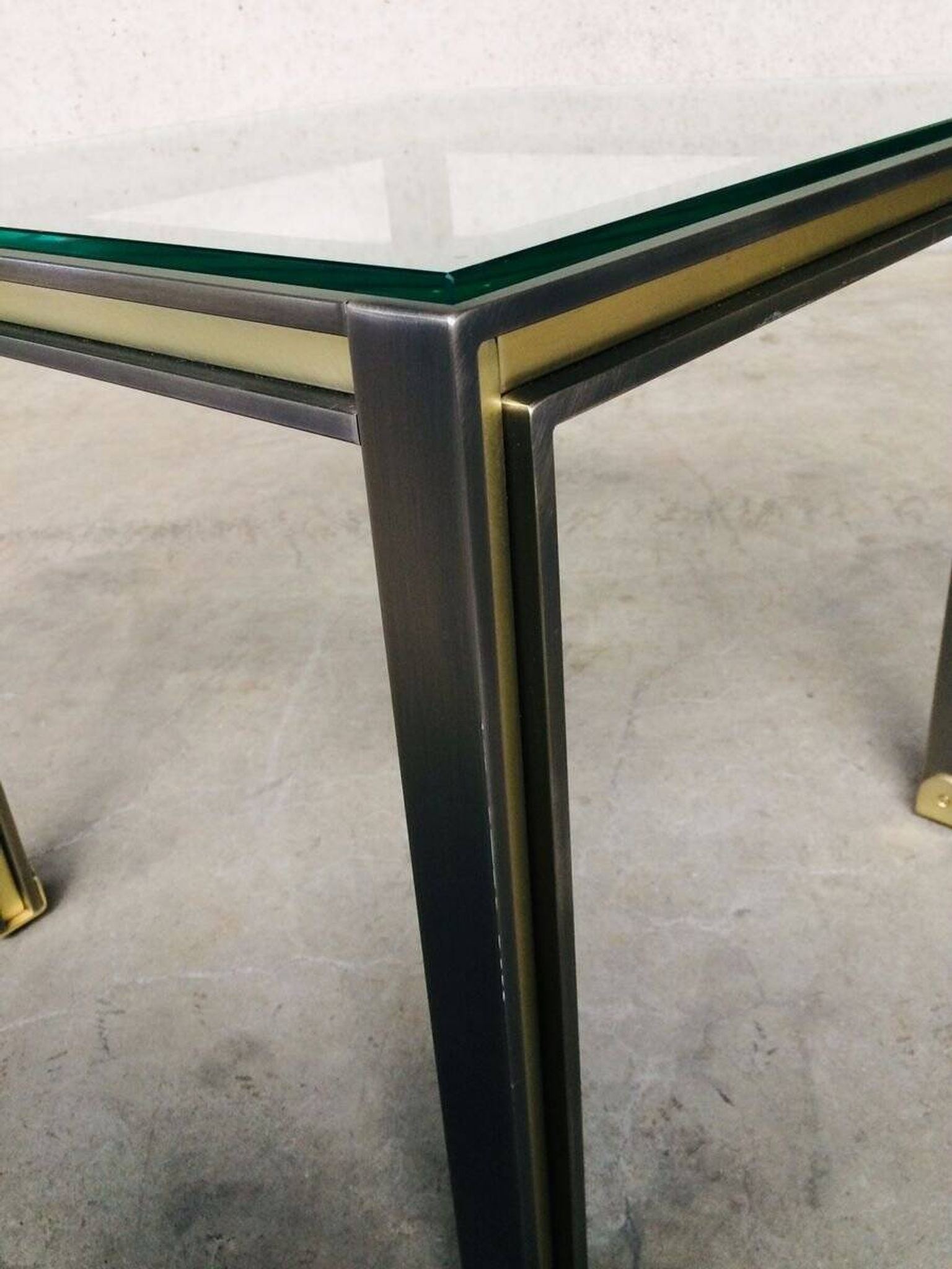 Steel and Brass Square Coffee Table, Belgium, 1980s