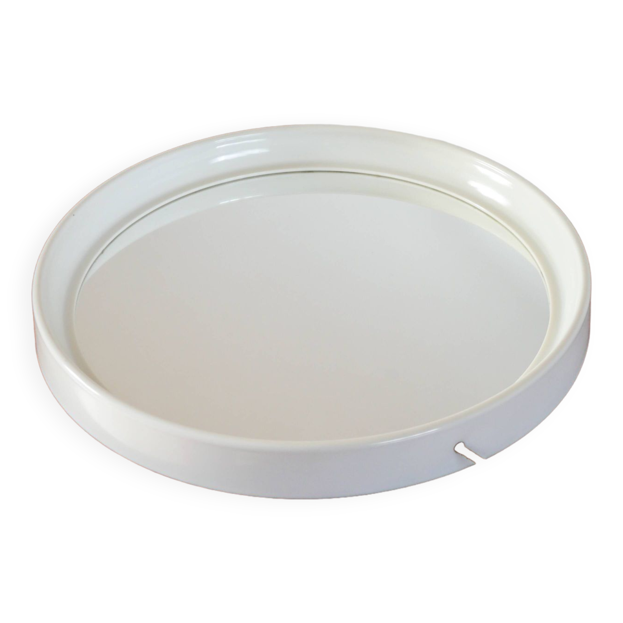 Miroir casquette design rond en plexi écru avec lanière en cuir 1970