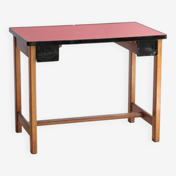 Bureau vintage enfant en chêne massif et formica rouge, années 50/60