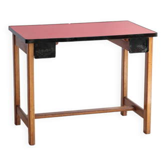 Bureau vintage enfant en chêne massif et formica rouge, années 50/60