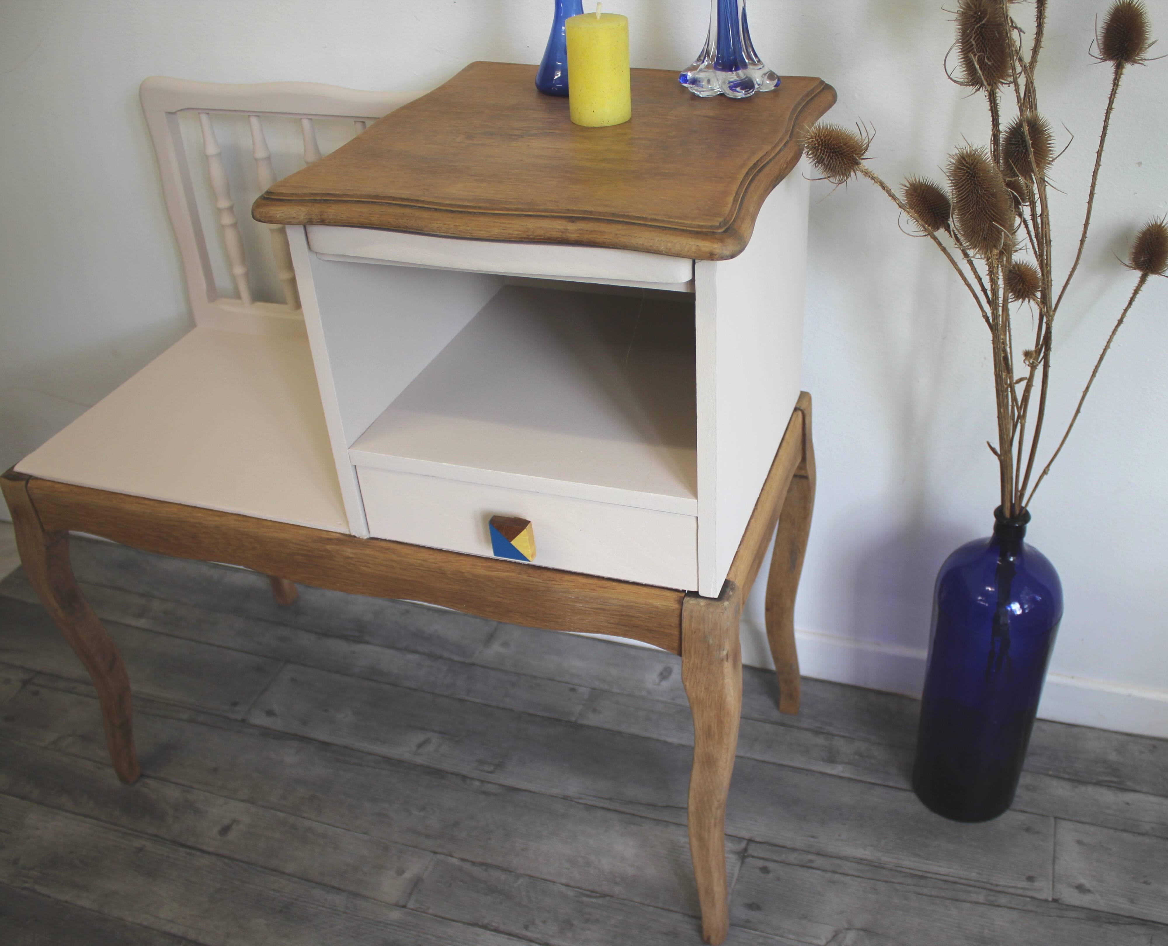 Redesigned beige and wood telephone bench