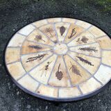 Vintage Roger Capron oval coffee table in ceramic, herbarium model with beech base.