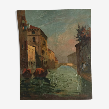 Huile sur bois "Vue de Venise au lever du soleil" années 40s