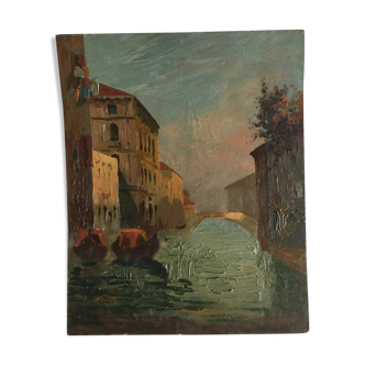 Huile sur bois "Vue de Venise au lever du soleil" années 40s