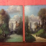 Pair Old Oil Table on Panel View River 19th Vintage Campaign