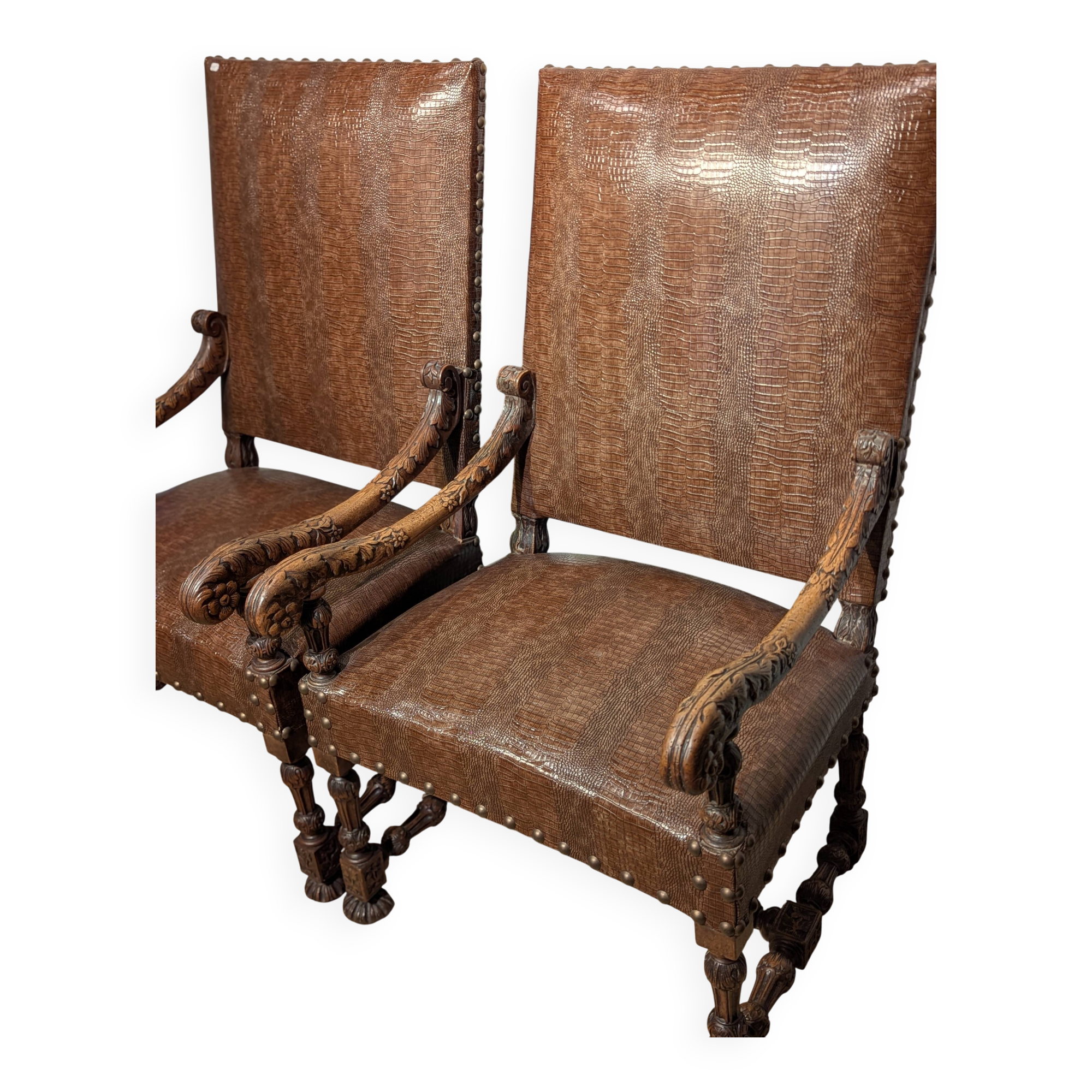 Pair of Louis XIII armchairs, 19th century