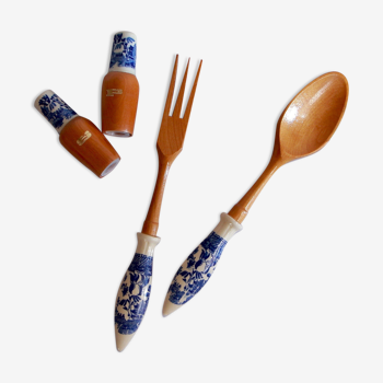 Set of wooden and ceramic salad cutlery