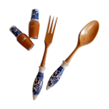 Set of wooden and ceramic salad cutlery