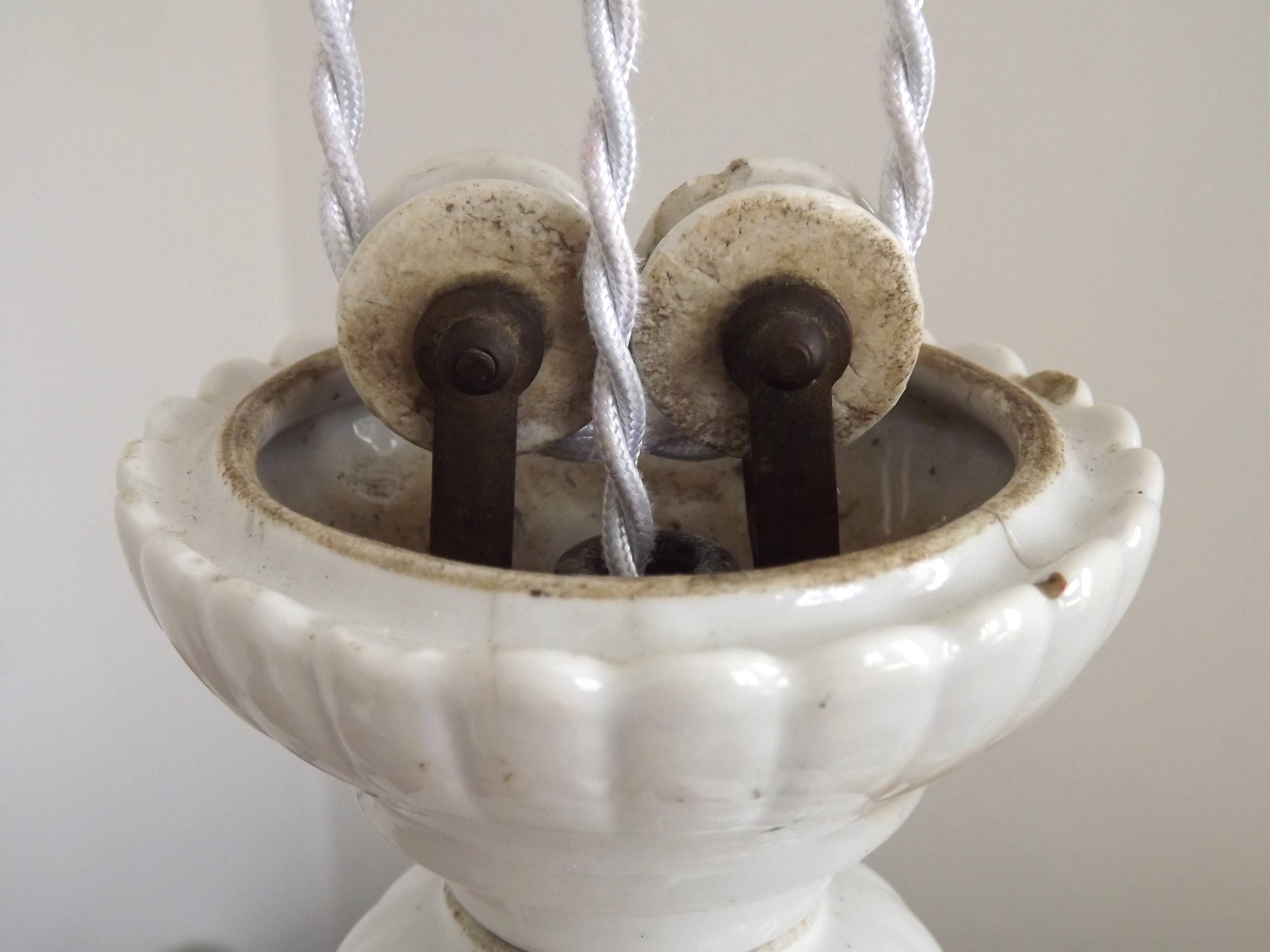 French Counter Balance Ceiling Light White Porcelain & Opaline Glass Shade