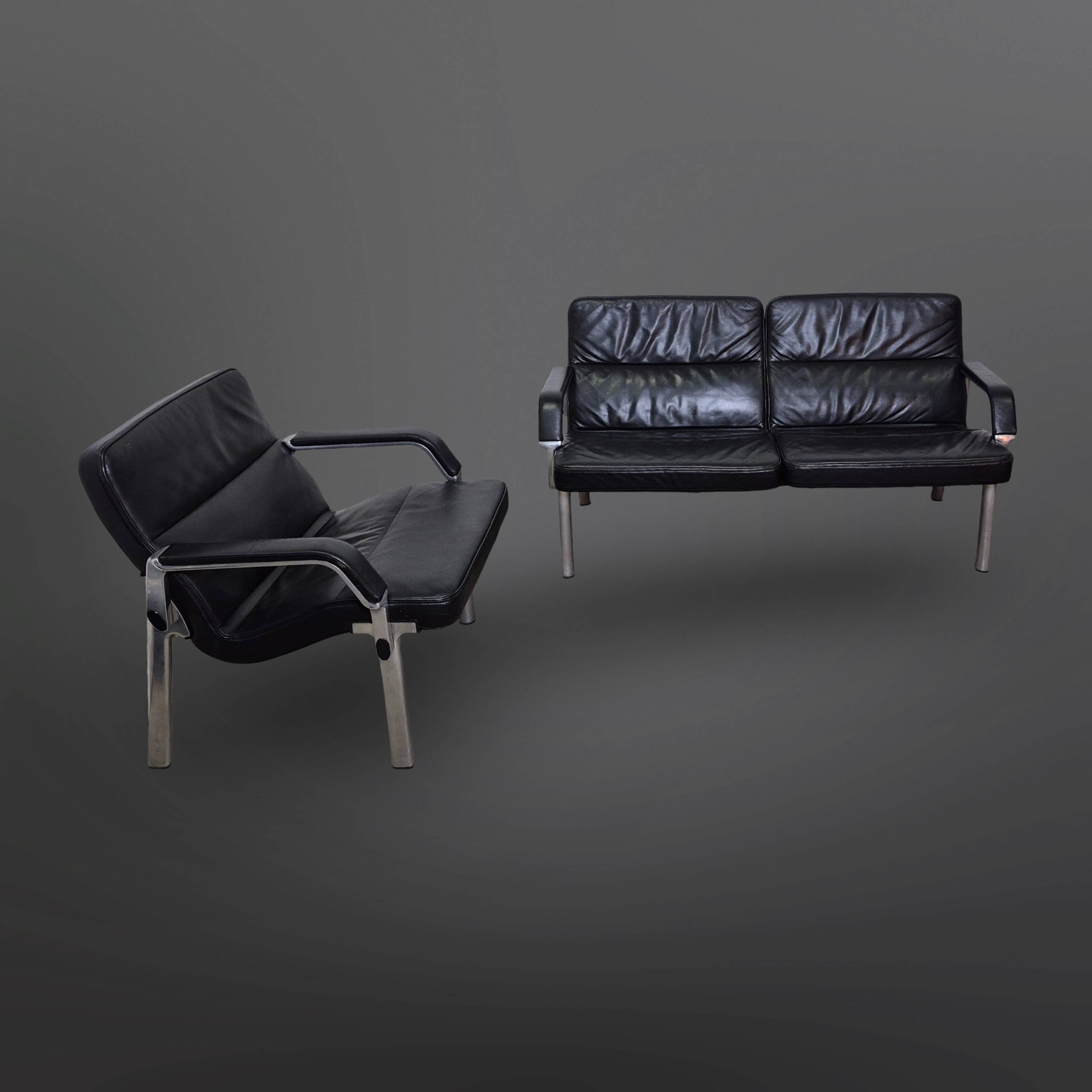 Postmodern black leather seating group, Germany 1980s