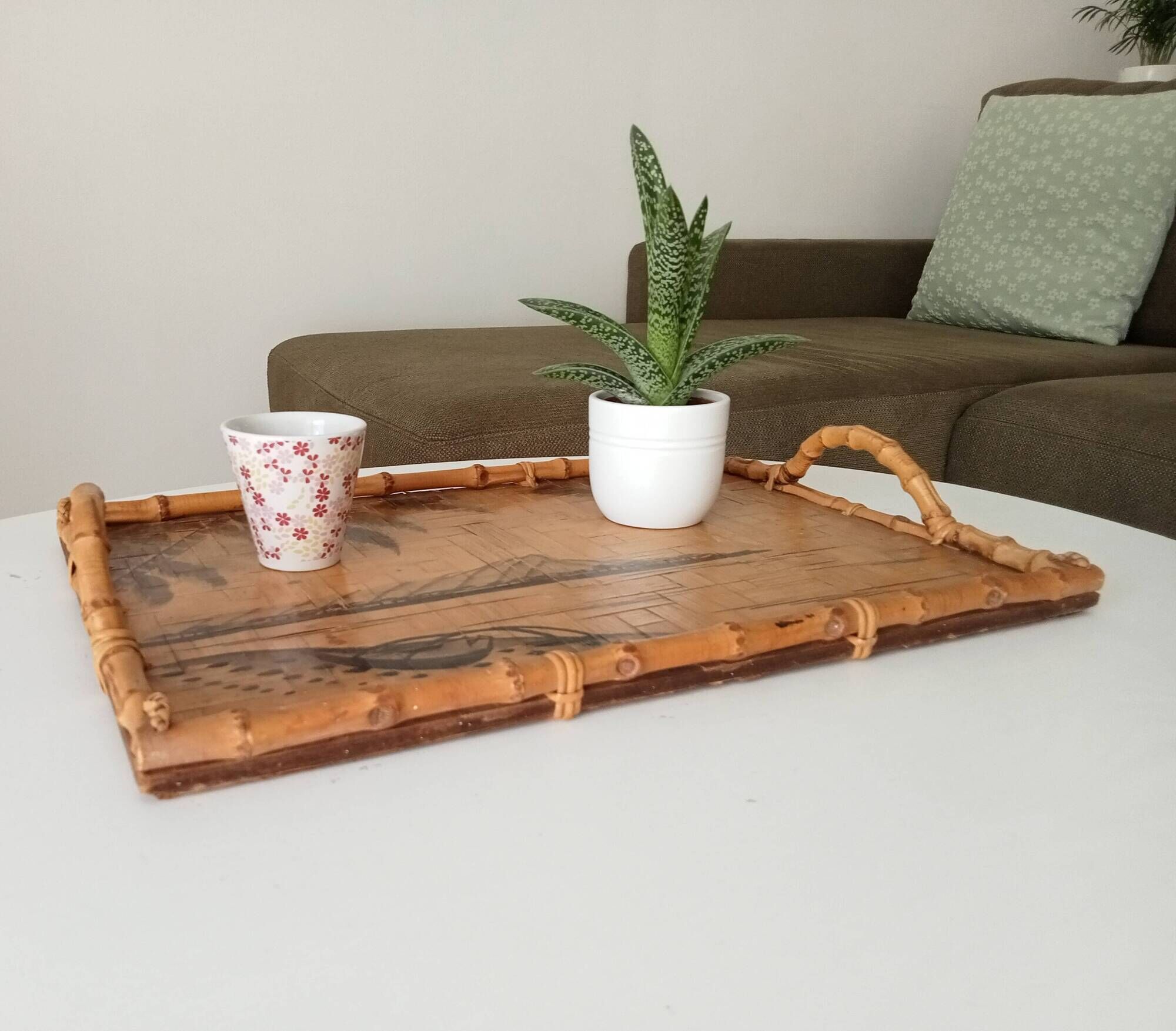 Vintage serving dish in bamboo and rattan Diamond Head Hawaii Tiki 60's