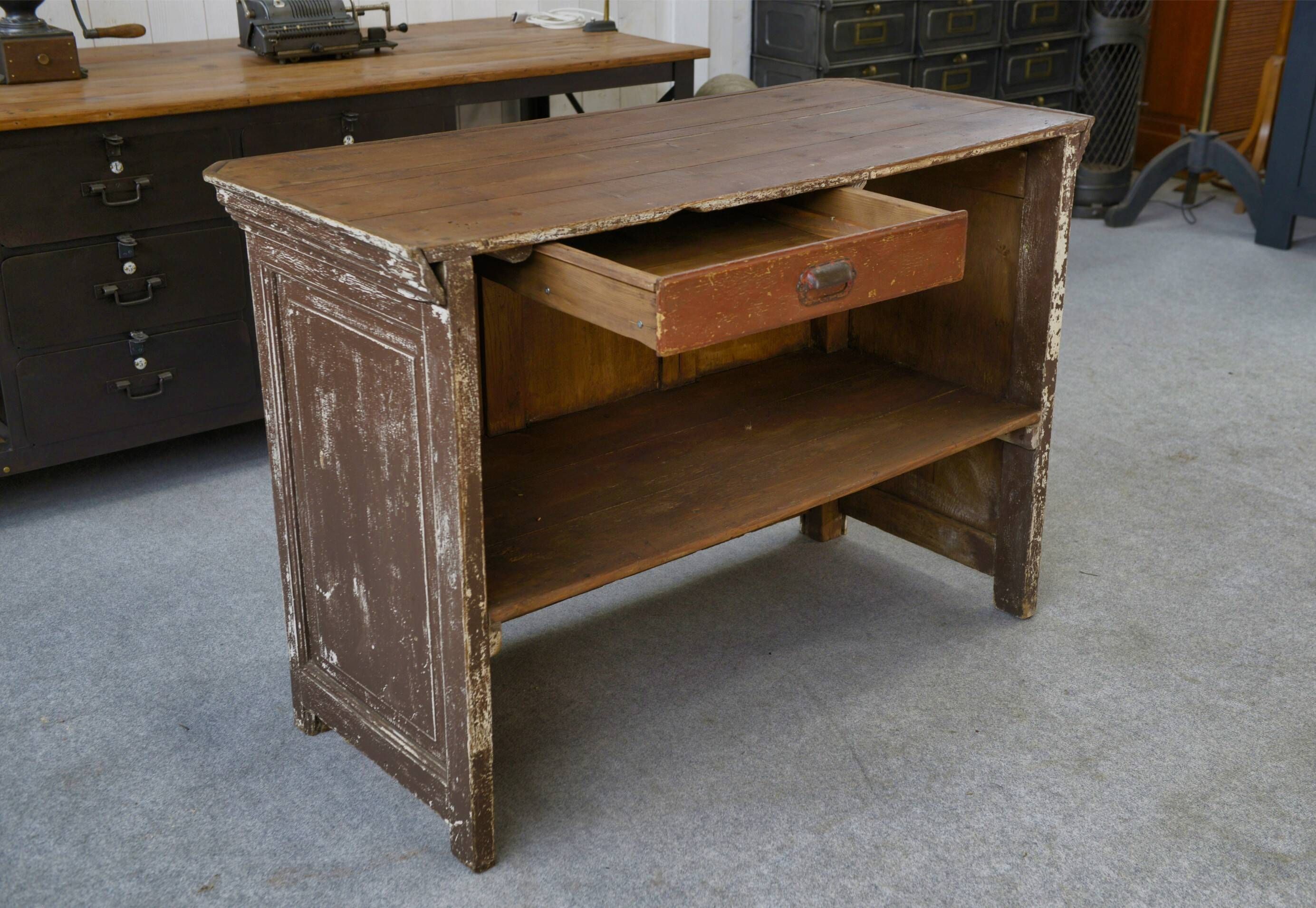 Vintage solid oak counter, patinated, 1950s.