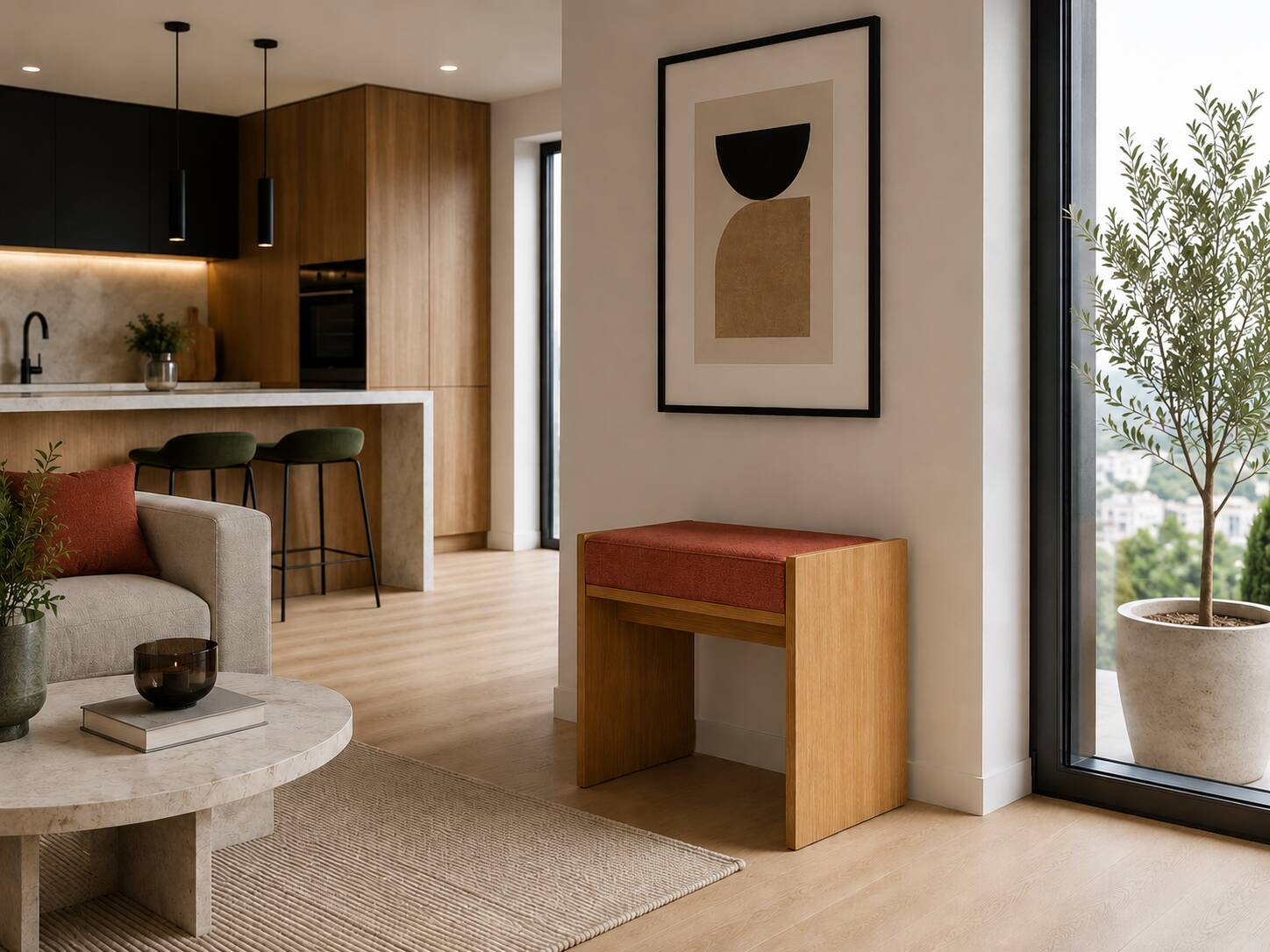 Solid oak stool with cushion (customisable)