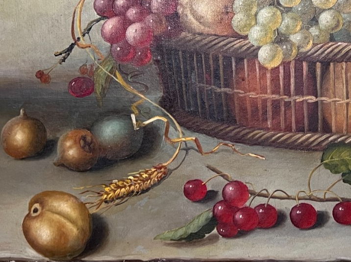 Still life painting of grapes and apples.
