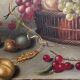 Still life painting of grapes and apples.