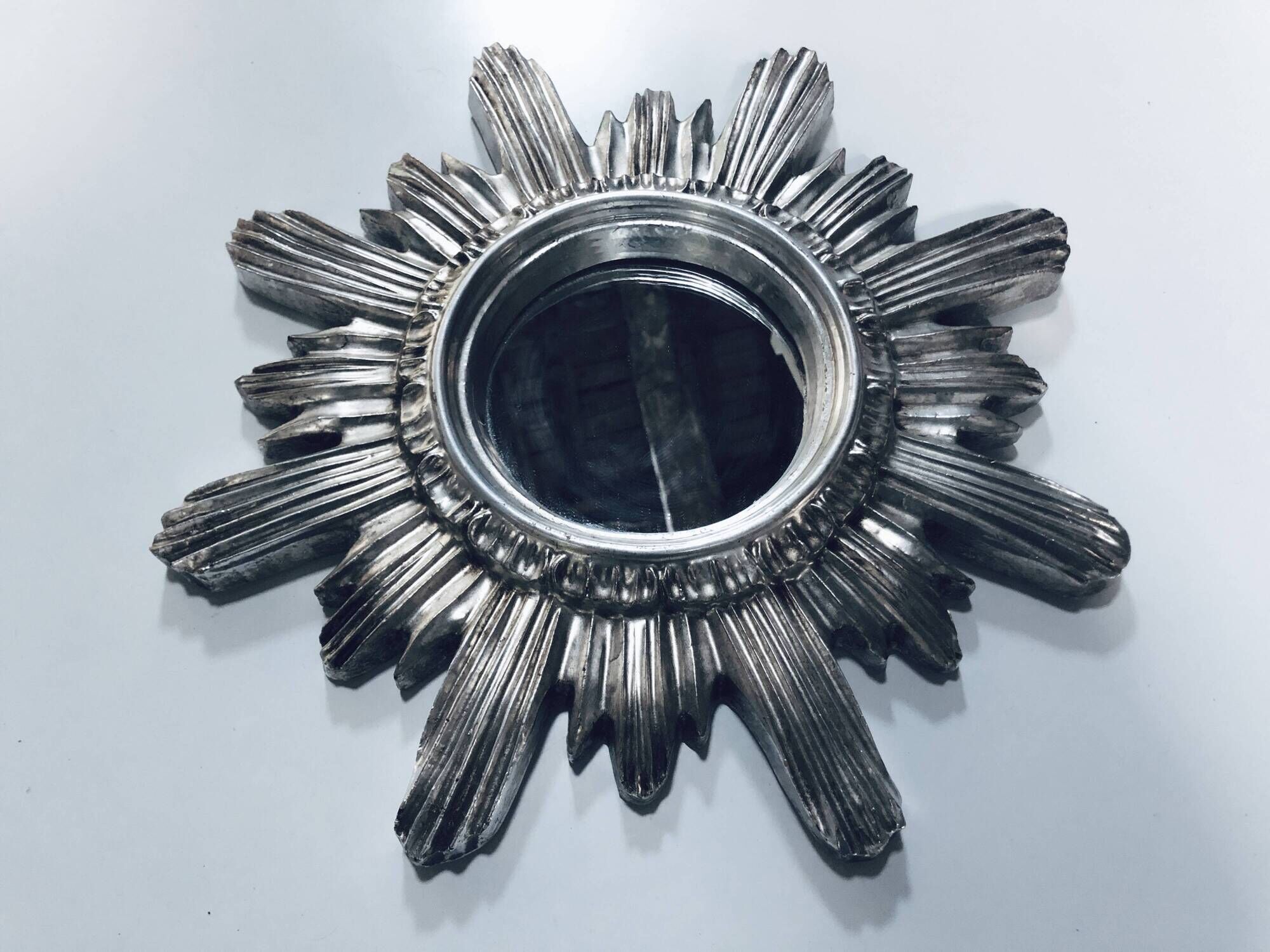 Wall Sun Mirror • Large Model • Carved Wood • Silver • 1960-70