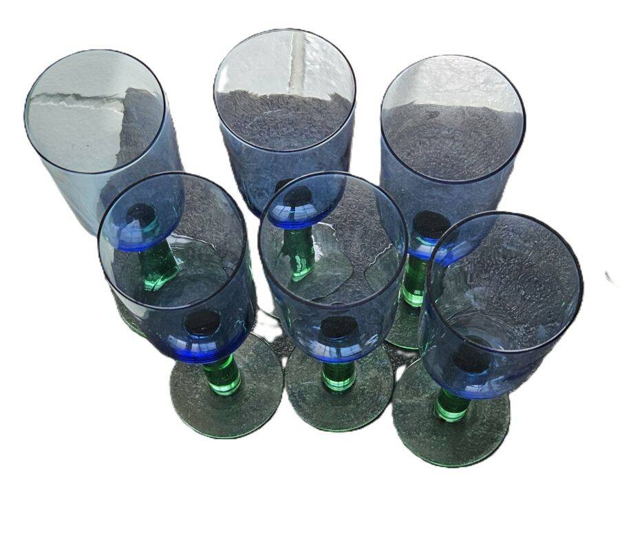 6 Verres Scandinaves Bleus et Verts Vintage Des Années 1980