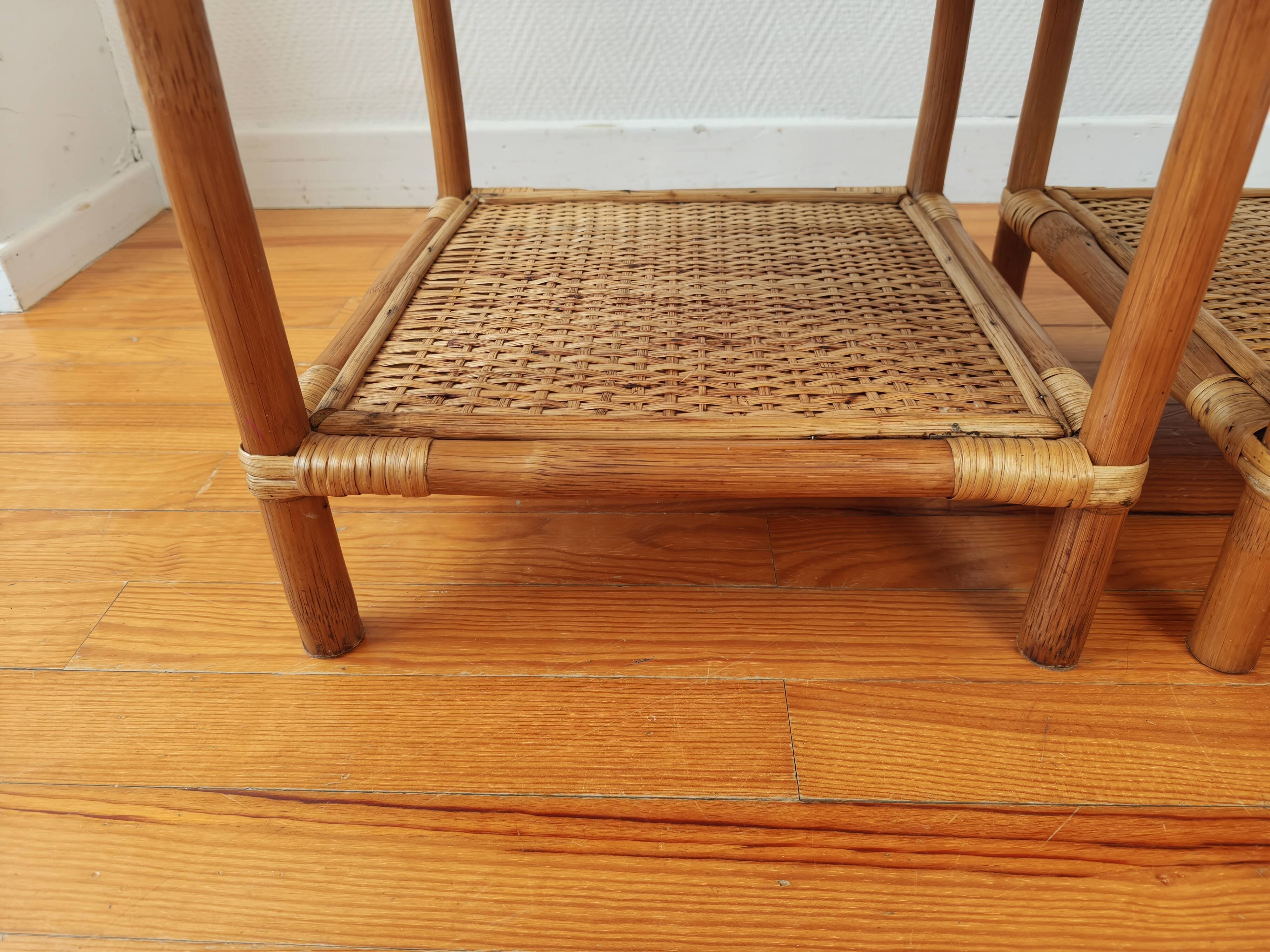Pair of bedside tables in rattan and wicker - circa 1970
