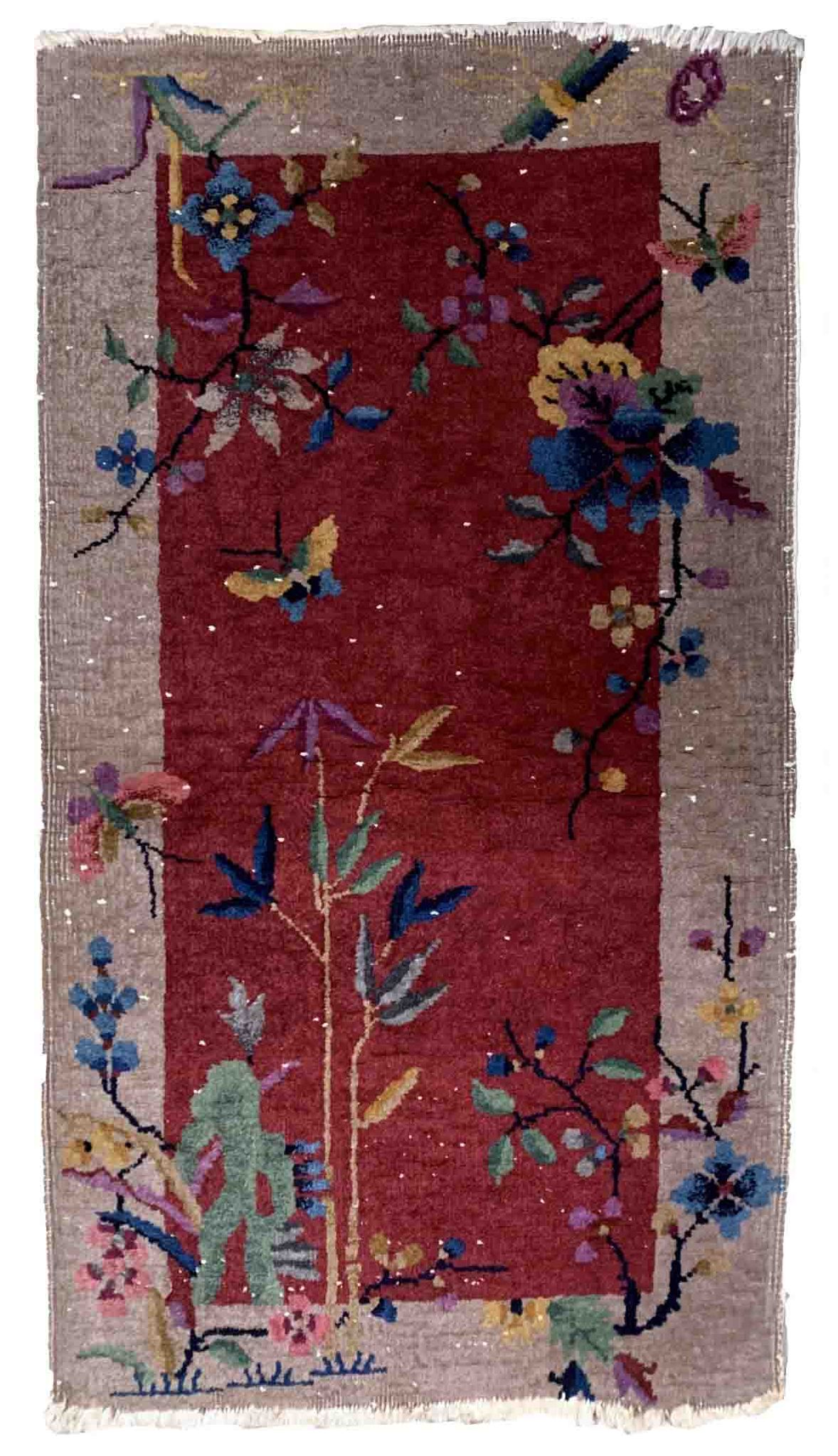 Ancient chinese art deco handmade carpet 64cm x 121cm 1920s