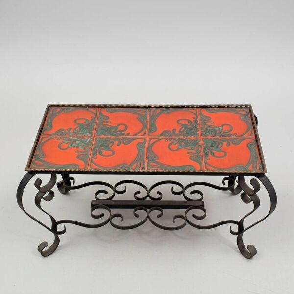 Table basse vintage en céramique émaillée et fer forgé