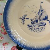 Grand Plat Creux Bleu Former Moulin des Loups St Amand - Marine boat decoration - stencil painted