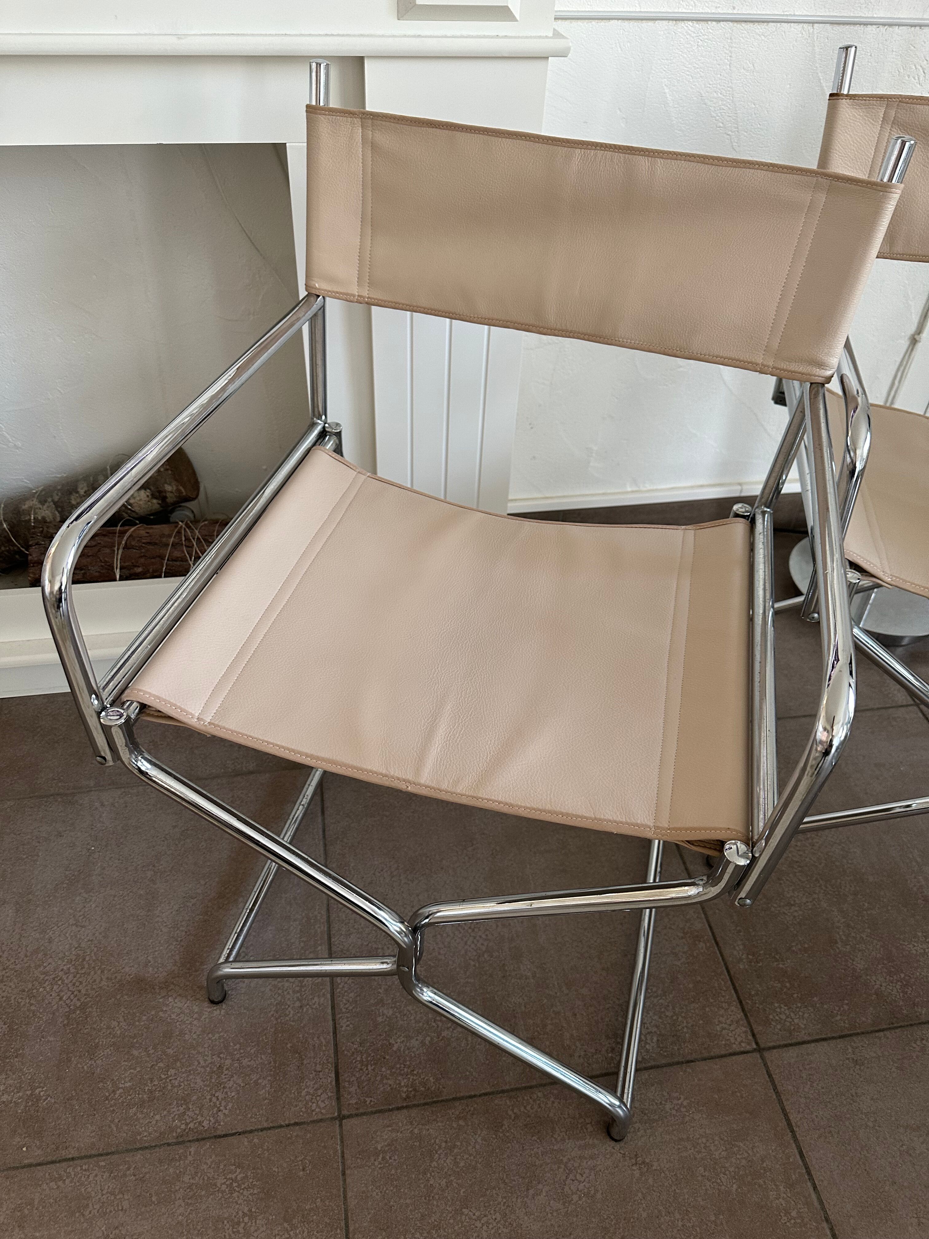 Chaise fauteuil vintage metteur en scène chrome & cuir beige