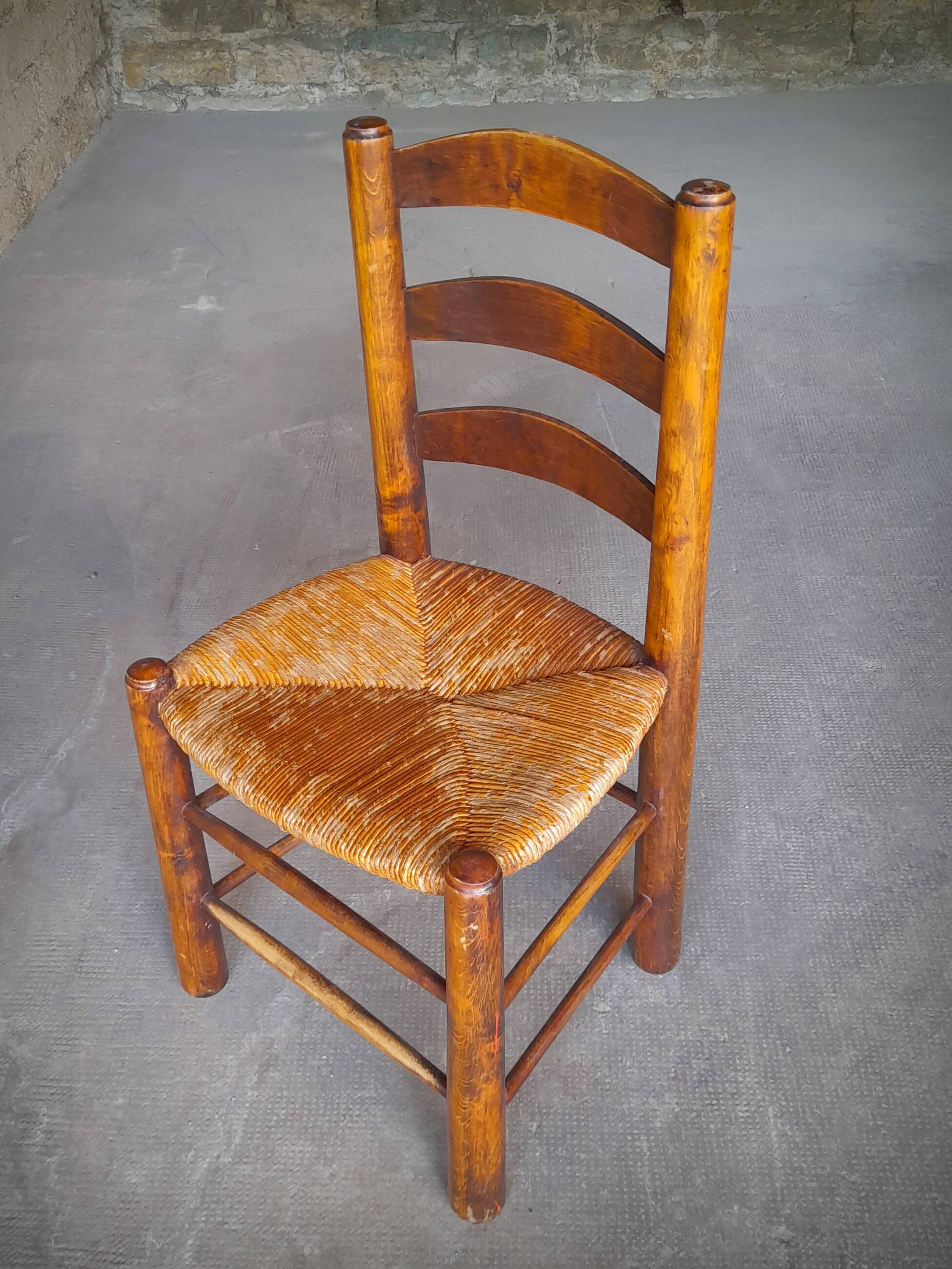 Set of 4 straw-covered brutalist chairs by George Robert