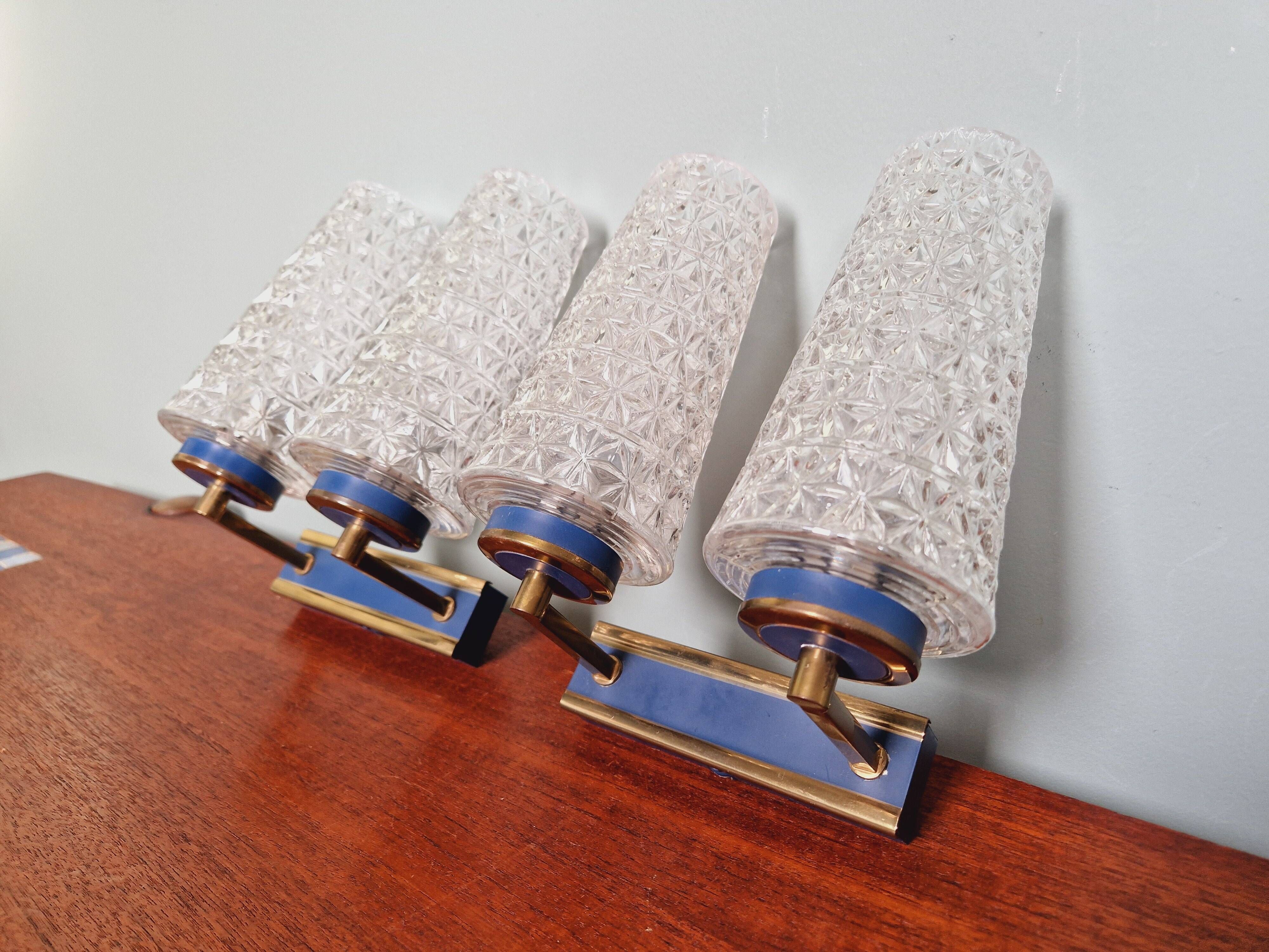 Pair of double wall lights in glass and blue lacquered metal, 1950s-60s