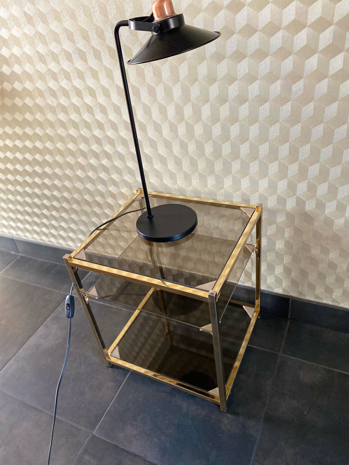 End of sofa 3 trays in smoked glass and brass-frame 70 year