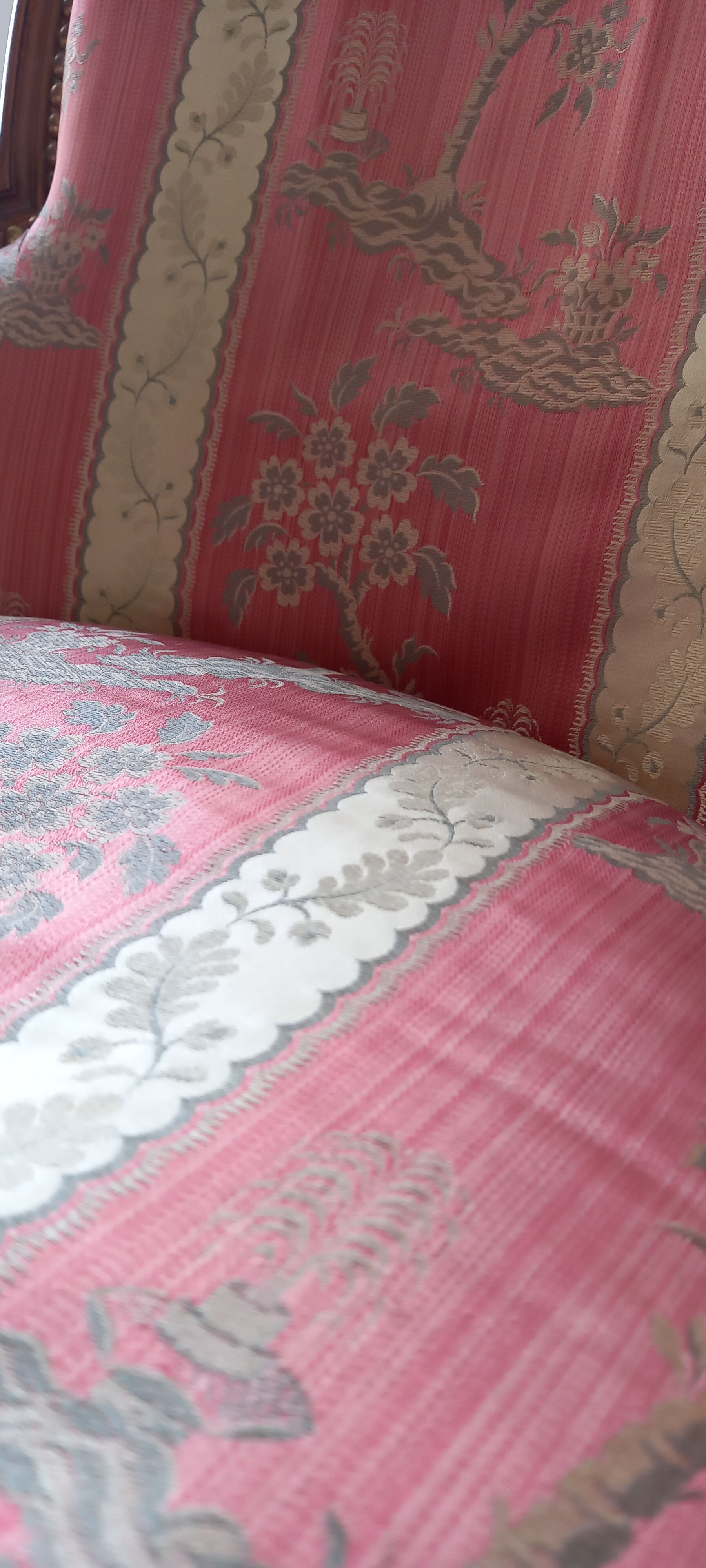 Pair of Louis XVI style armchairs in walnut and pink silk and ecru