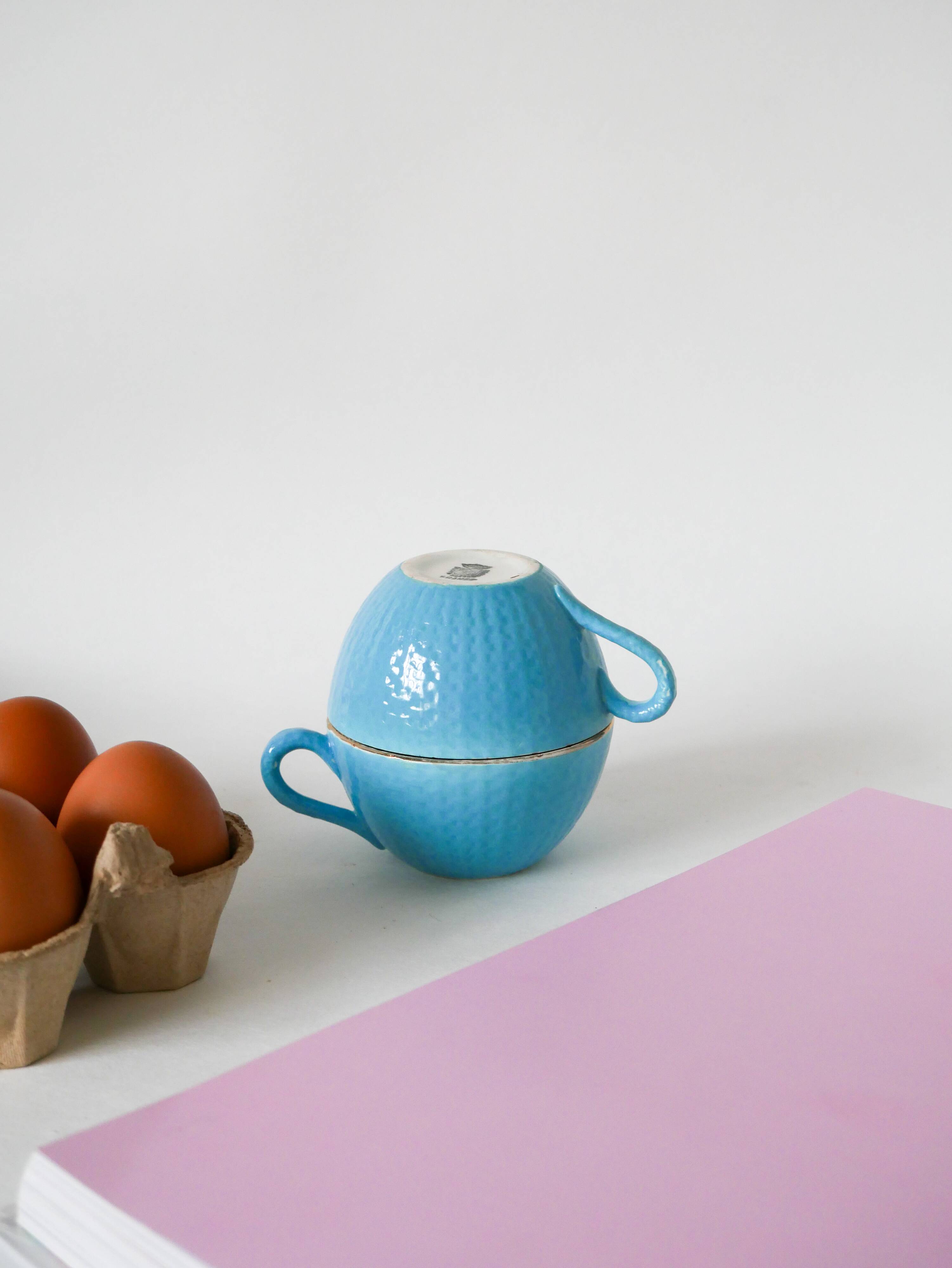 Pair of digoin sarreguemines cups textured sky blue and gold edging 1950