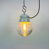 Vintage White Porcelain Pendant Light with Ribbed Glass, 1970s