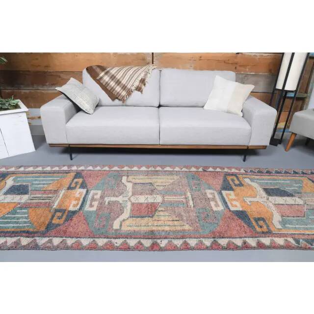 Vintage Turkish Oushak Handmade Wool Cotton Pink Runner Rug 97x323