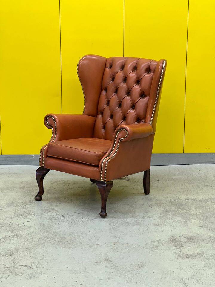 Fauteuil Chesterfield en cuir marron clair vintage