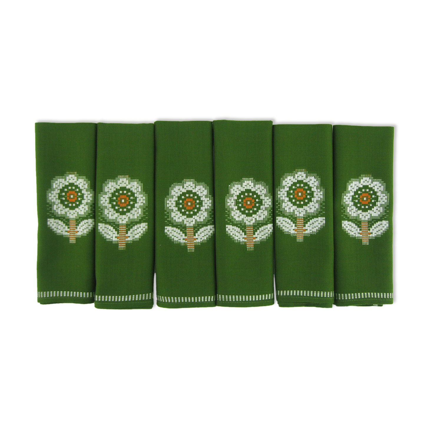 Lot 6 napkins in green Dralon - white flower patterns - vintage 60s