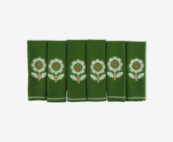 Lot 6 serviettes de table en Dralon vert - motifs fleurs blanches - vintage années 60