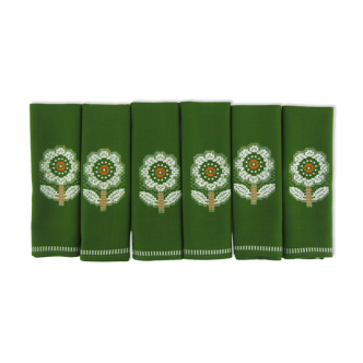 Lot 6 napkins in green Dralon - white flower patterns - vintage 60s