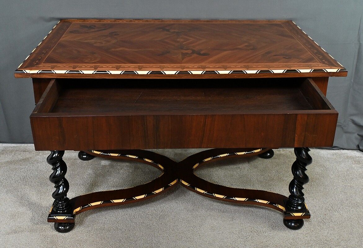 Desk table in precious wood marquetry, Napoleon III period – mid-19th century
