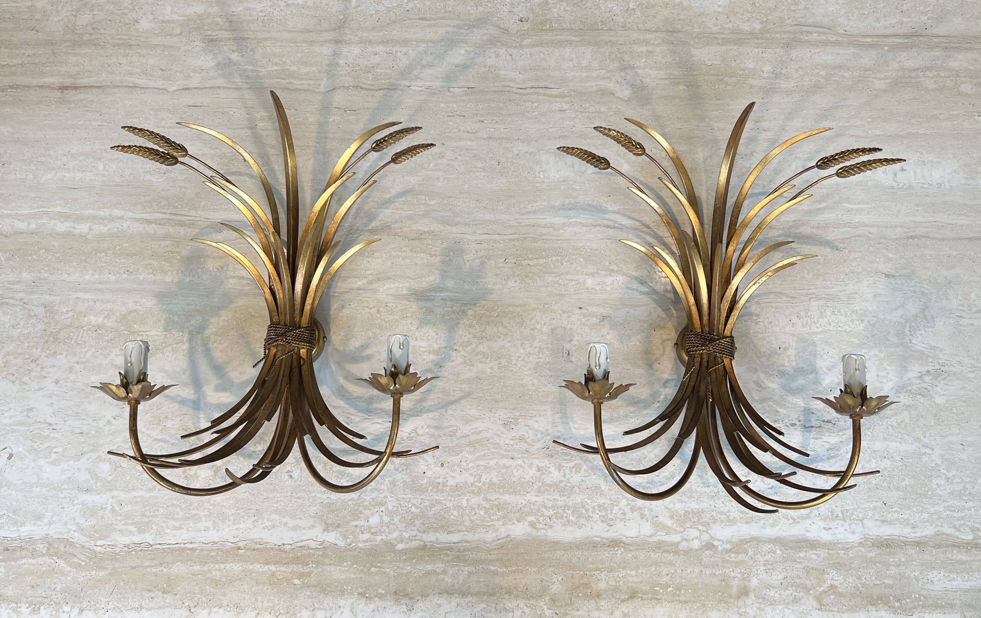 Pair of Golden Metal Wall Lights with Wheat Sheaf Decoration, Circa 1970