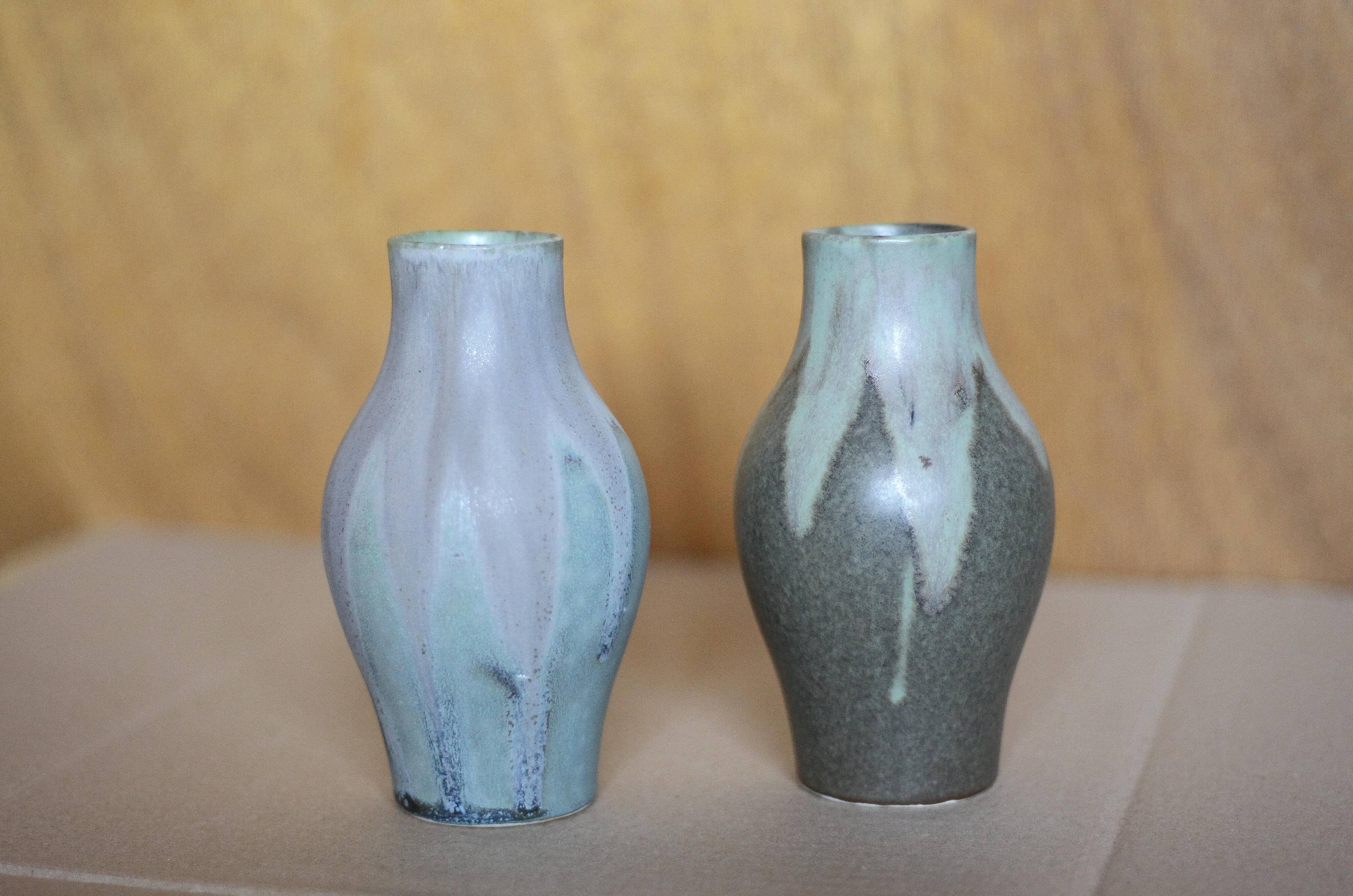 Pair of Denbac style flamed stoneware vases, small vintage vase, flower pot