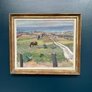 Original Swedish Oil on Canvas – "Coastal Scene with Horses" by Georg Lodström – Signed – 1947 – Framed – 77 × 66 cm