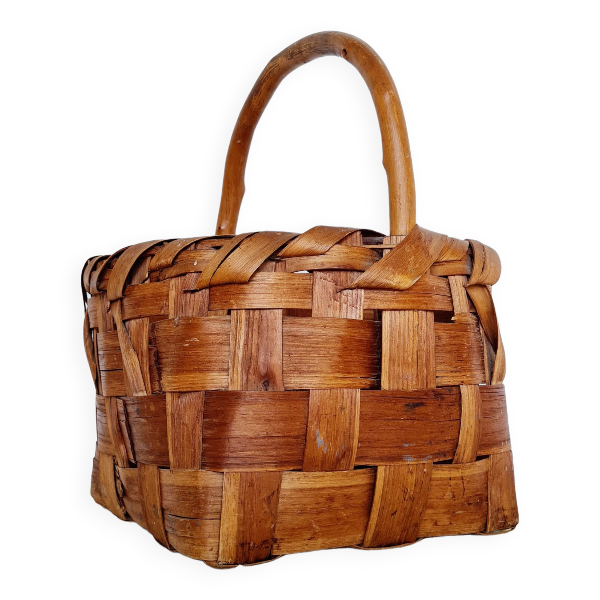 Panier ancien bois et fibres naturelles