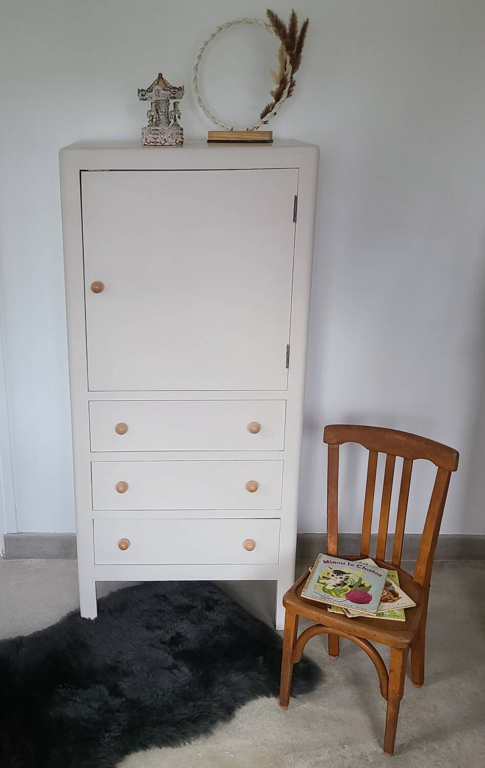 Vintage storage cabinet old Parisian furniture linen dresser white wood