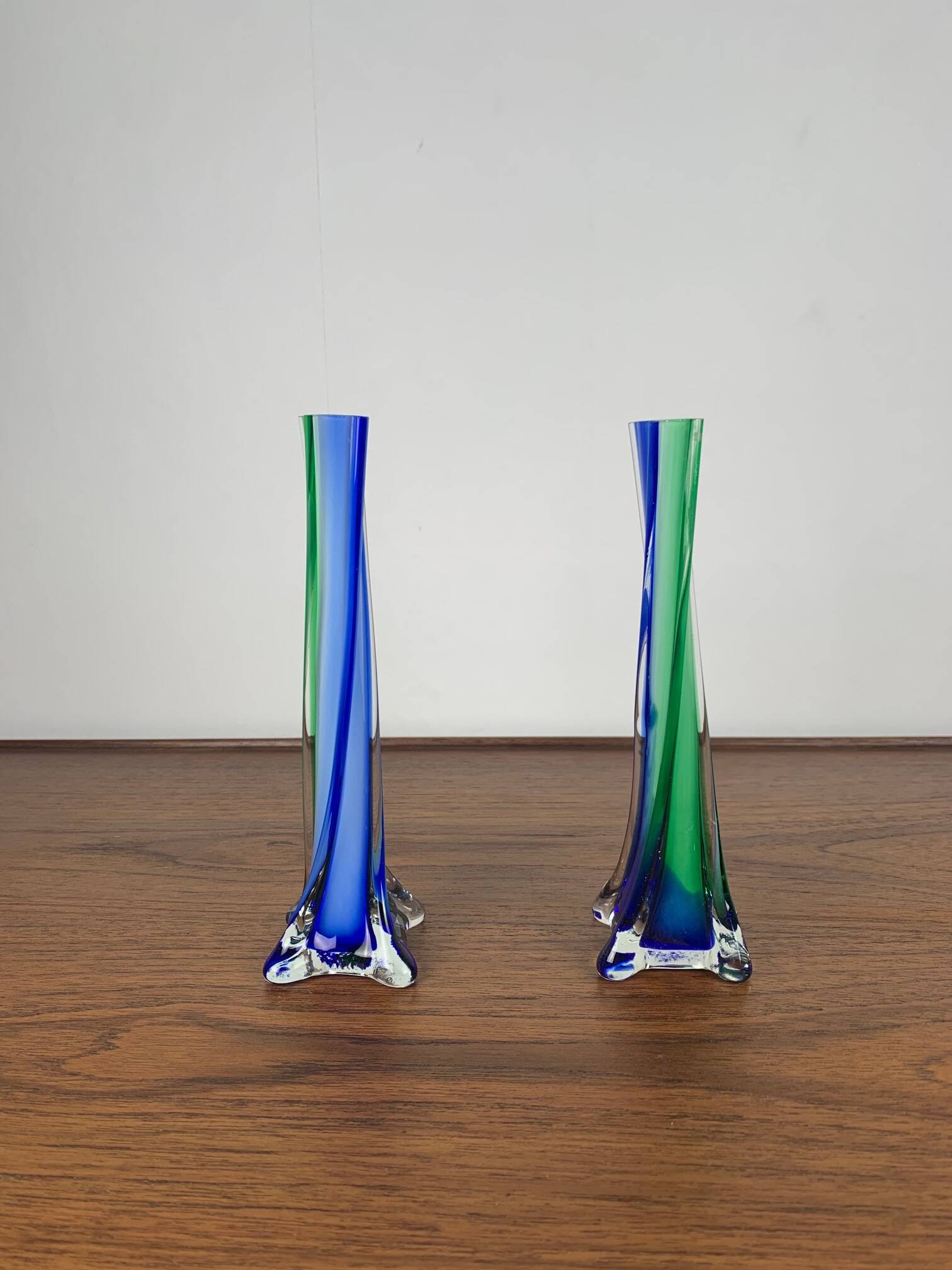 Pair of blown glass soliflores, Murano style, green & blue