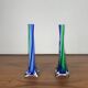 Duo de soliflores en verre soufflé de style Murano, vert et bleu
