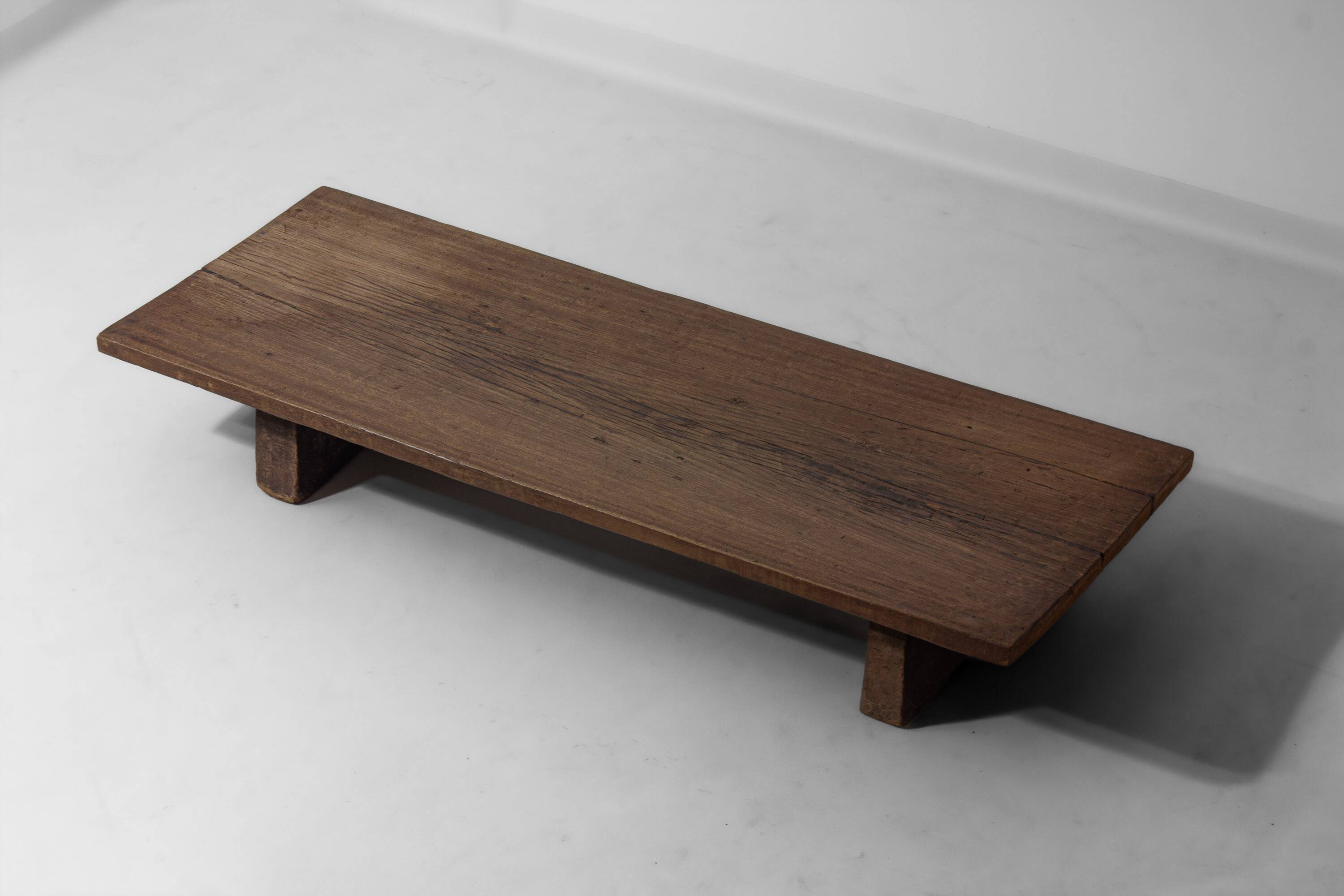 Rustic wabi sabi brutalist coffee table from solid wood, 1900s France