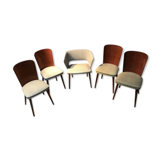 Lot de 4 chaises et 1 fauteuil design années 50