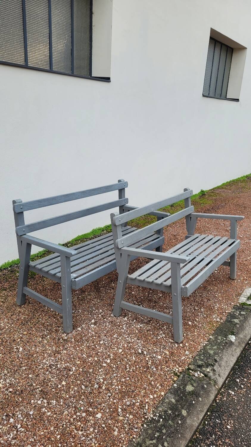 Pair of old wooden park garden benches