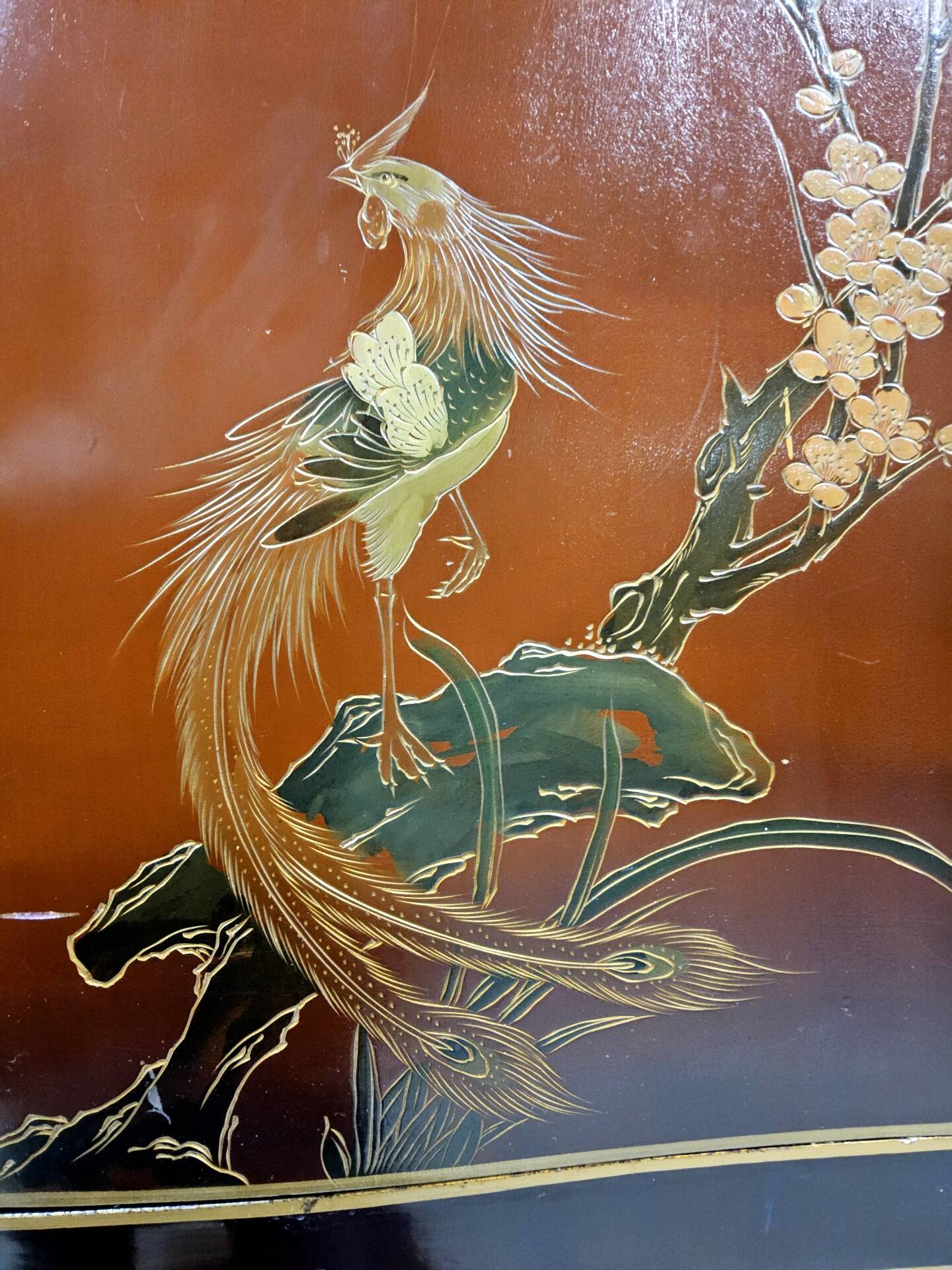 Vintage Chinese red and gold cabinet with flowers and birds (lacquer cabinet)